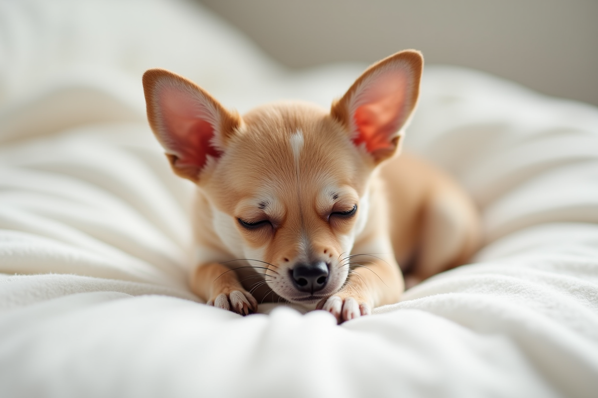 Chiot Chihuahua reposant sur une couverture blanche