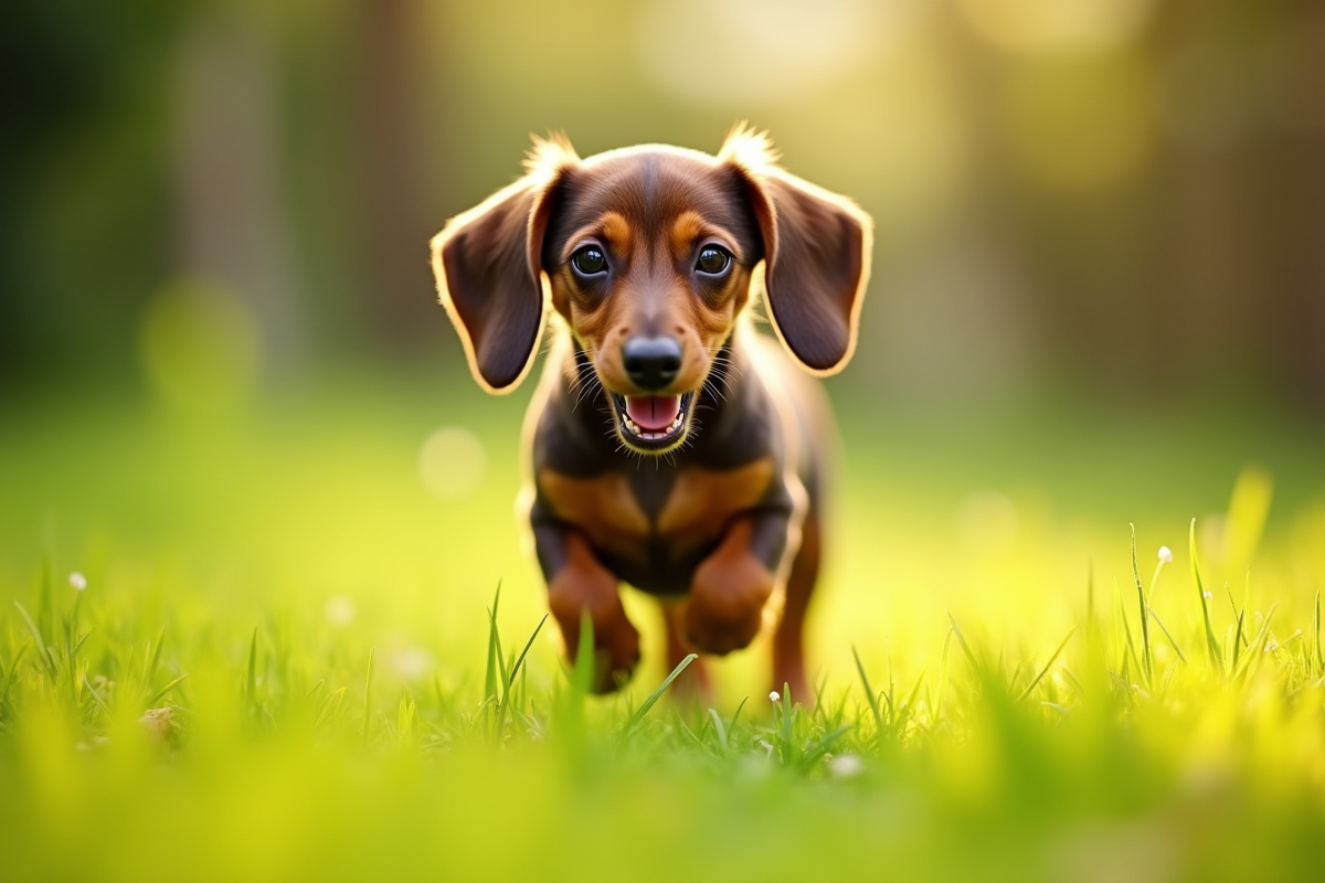 Chiot teckel courant dans un jardin vert ensoleille