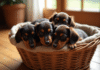 Groupe de chiots teckel blottis dans un panier en osier