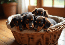 Groupe de chiots teckel blottis dans un panier en osier