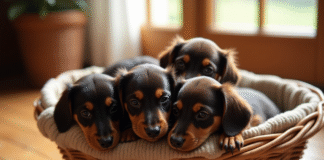 Groupe de chiots teckel blottis dans un panier en osier