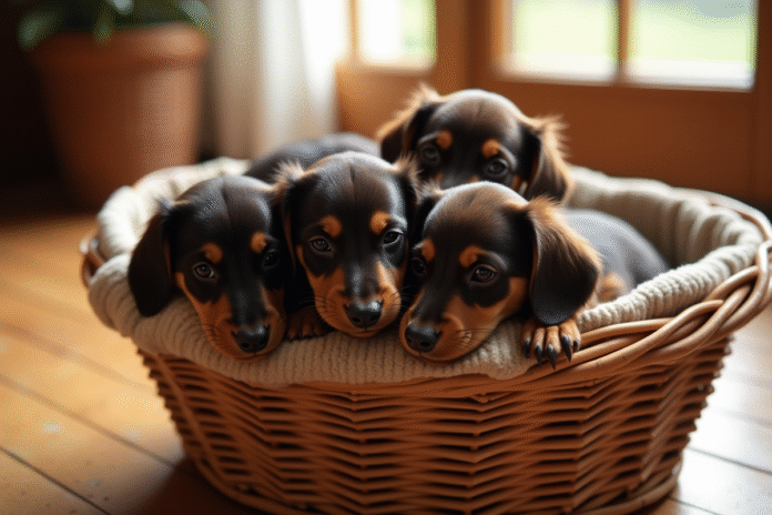 Groupe de chiots teckel blottis dans un panier en osier