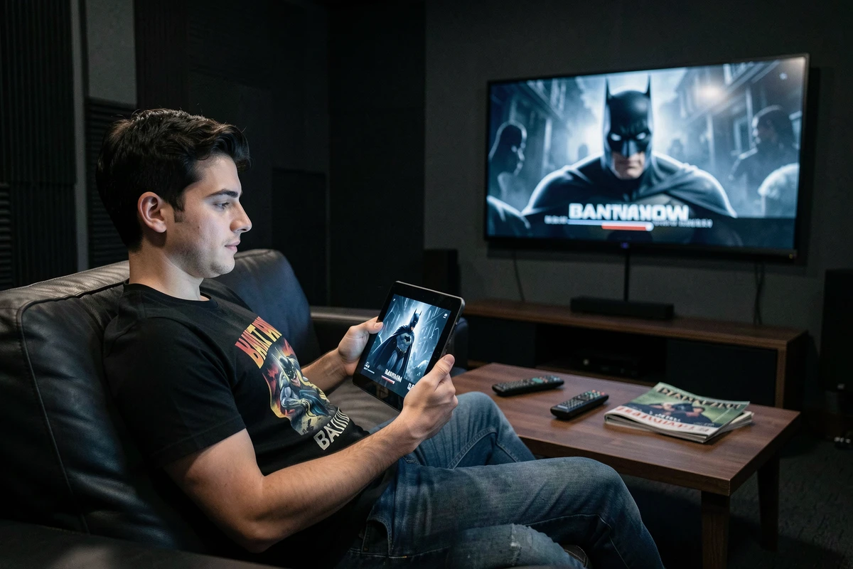 Jeune cinéphile regardant un film Batman animé sur tablette dans une salle de cinéma maison