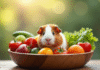 Cochon d'Inde souriant dans un bol en bois avec fruits et légumes frais