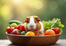 Cochon d'Inde souriant dans un bol en bois avec fruits et légumes frais