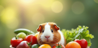 Cochon d'Inde souriant dans un bol en bois avec fruits et légumes frais