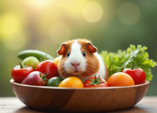 Comment varier l’alimentation de votre cochon d’Inde Cochon d'Inde souriant dans un bol en bois avec fruits et légumes frais