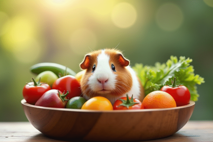 Cochon d'Inde souriant dans un bol en bois avec fruits et légumes frais