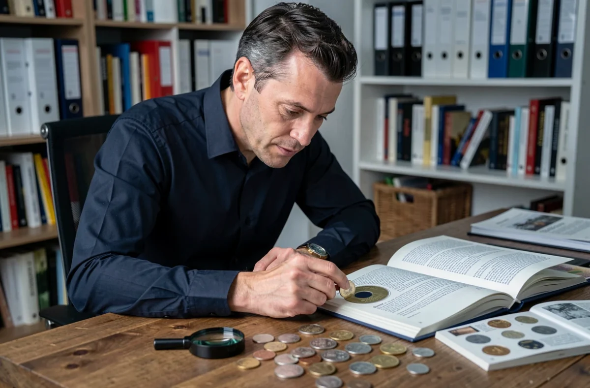 Collectionneur comparant une pièce de 2 euros rare avec un guide numismatique sur un bureau en bois