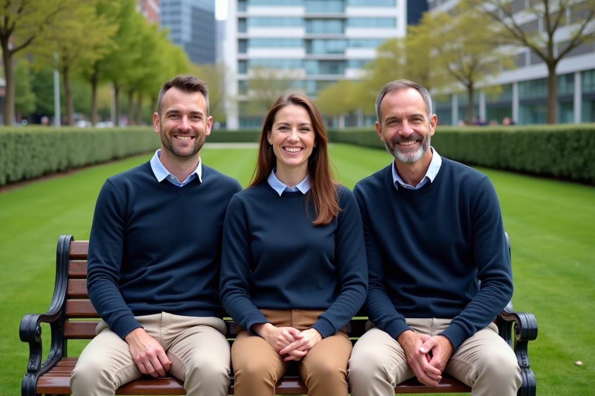 Trois collègues assis sur un banc dans un parc urbain en tenue décontractée