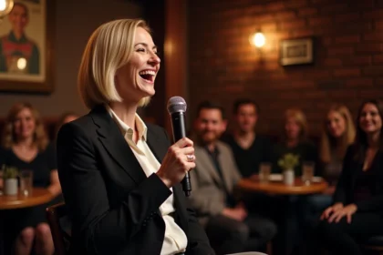 Une femme blonde en blazer noir rit sur scène dans un club de comédie