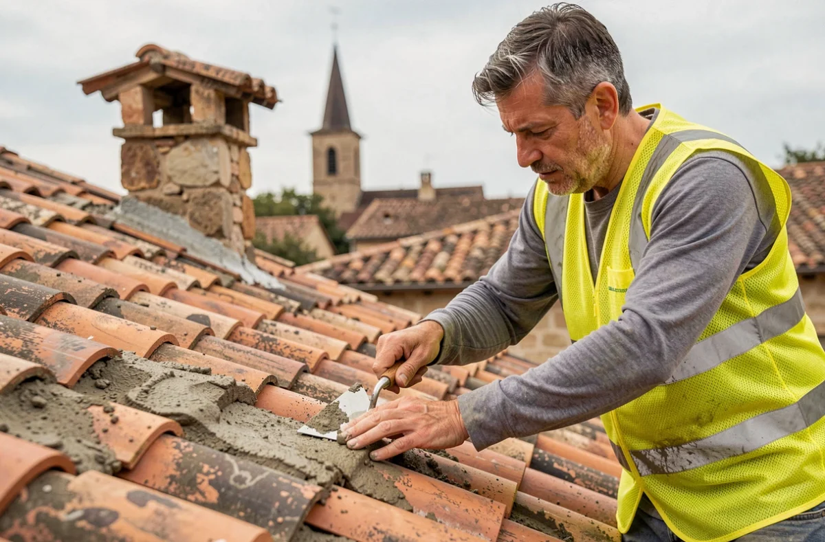 Couvreur de Compao Marguerittes réalisant un jointoiement de tuiles sur une maison traditionnelle du Gard