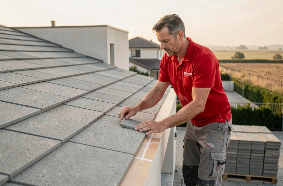 Couvreur de Compao Saint-Gilles posant des tuiles en béton sur une maison moderne dans le Gard