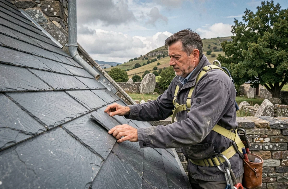 Couvreur de Compao Saint-Privat-des-Vieux posant des ardoises naturelles sur une ferme en pierre des Cévennes