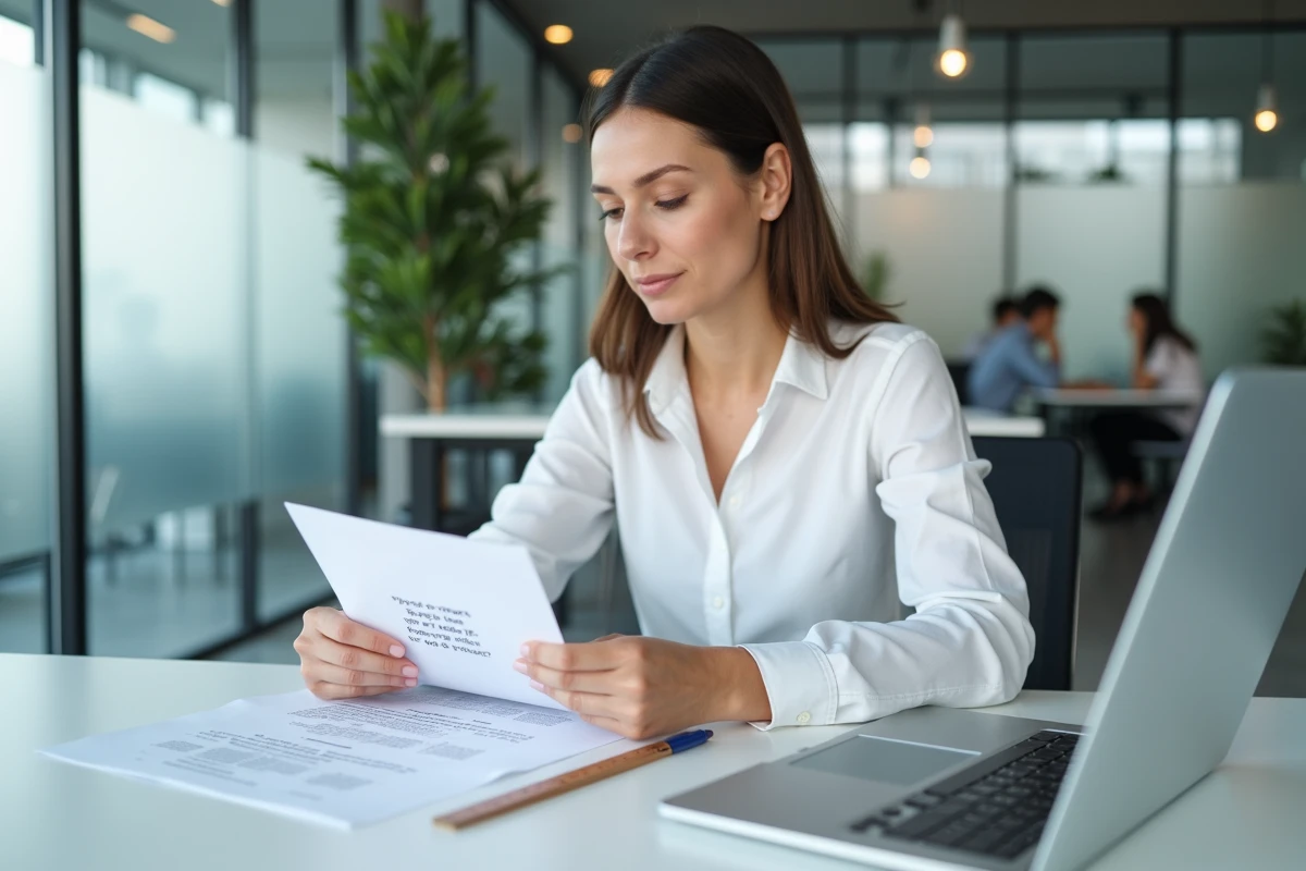 Femme d'affaires comparant deux devis imprimés sur un bureau moderne avec une règle et un stylo, illustrant la convention d'ordre longueur largeur dans les documents professionnels