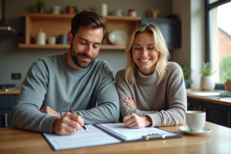 Un couple signe un contrat de location dans une cuisine moderne