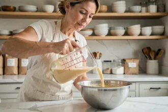 Femme versant 600 ml de liquide depuis un verre doseur gradué dans un saladier de pâtisserie sur un plan de travail en marbre blanc