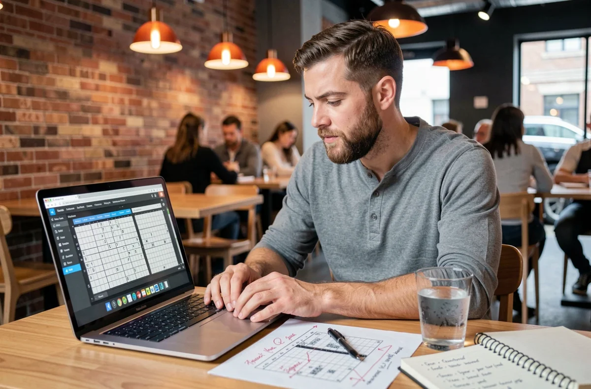 Homme barbu corrigeant une grille de mots croisés sur ordinateur portable dans un café moderne avec annotations au stylo rouge