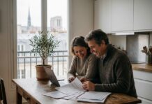 Couple français souriant en cuisine avec documents d'assurance