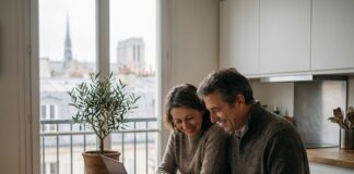 Couple français souriant en cuisine avec documents d'assurance