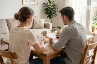 Couple examinant des documents de prêt immobilier à une table