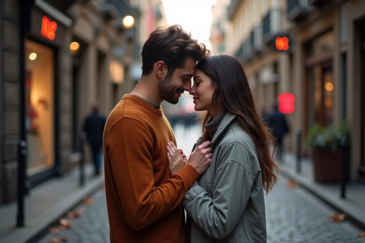 Couple en connexion profonde dans une rue pavée au crépuscule avec un affichage numérique 11h22 en arrière-plan, symbolisant la synchronicité des flammes jumelles