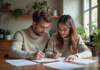 Jeune couple français remplissant des formulaires à la maison