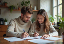 Jeune couple français remplissant des formulaires à la maison