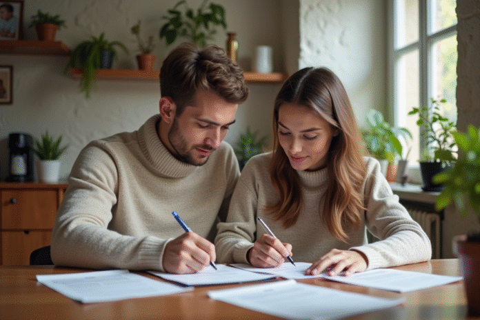 couple-formulaires-paris Jeune couple français remplissant des formulaires à la maison