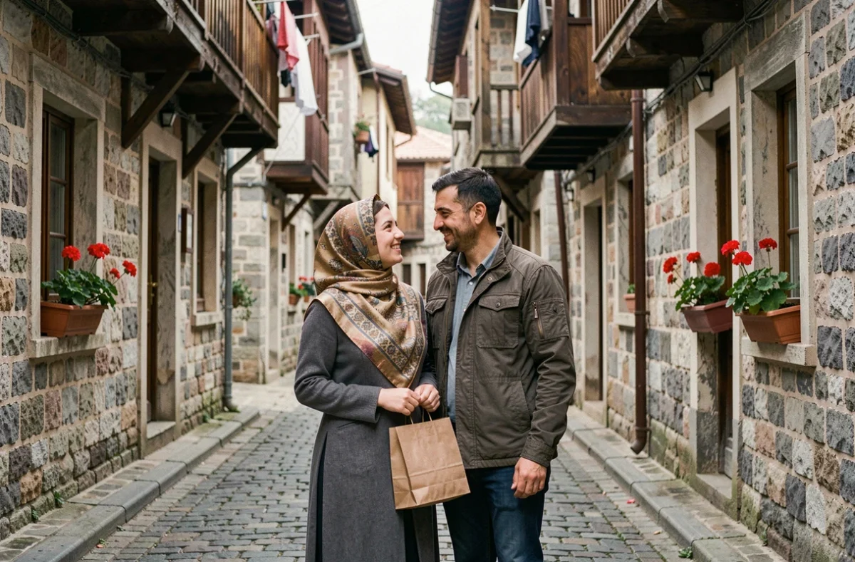 Femme turque et son partenaire se promenant dans une ruelle historique turque, représentant la vie quotidienne et les valeurs culturelles dans une relation interculturelle