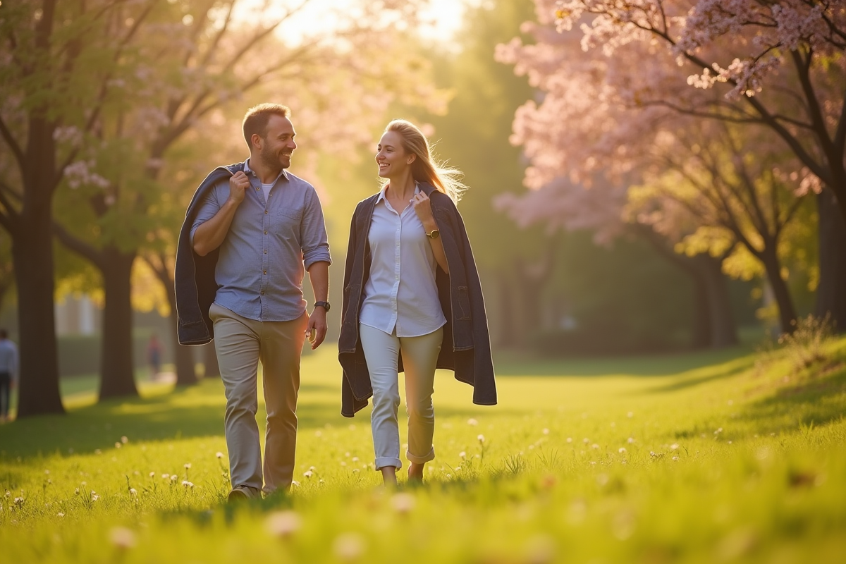 Homme et femme marchant dans un parc en été avec vêtements légers