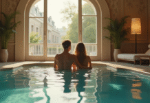 Couple romantique relaxant près d'une piscine intérieure de luxe à Paris