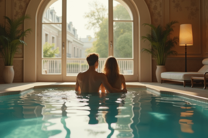 Couple romantique relaxant près d'une piscine intérieure de luxe à Paris