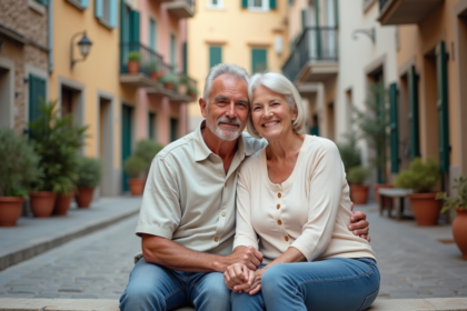 Couple senior assis sur un banc dans un village européen