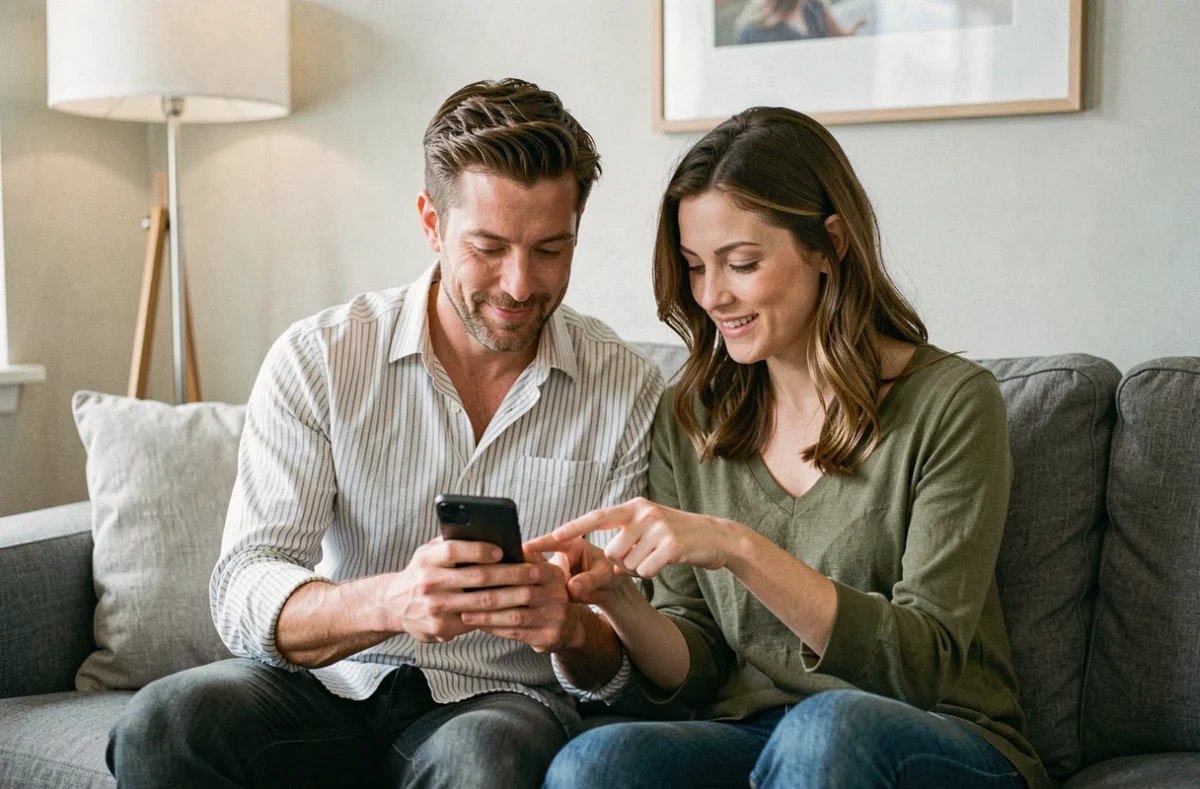 Couple consultant un smartphone ensemble sur un canapé pour trouver un numéro Lycamobile