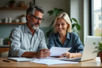 Couple d'adultes travaillant à la maison dans une cuisine moderne