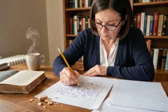 Femme concentrée créant une grille de mots croisés à la main sur papier quadrillé avec dictionnaire ouvert sur un bureau en bois