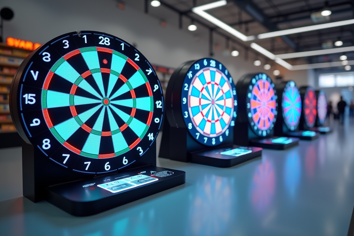 Dartboards intelligents exposés dans un magasin lumineux et minimaliste