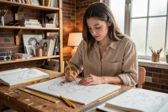 Jeune femme dessinant les proportions d'un personnage féminin de dessin animé dans un studio artistique chaleureux