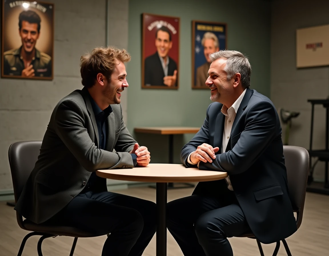 Deux humoristes français en coulisses discutant de l'héritage comique devant des affiches de célébrités de l'humour