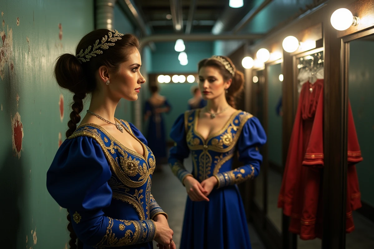 Diva d'Europe de l'Est en coulisses d'opéra dans un couloir de scène avec costumes traditionnels brodés