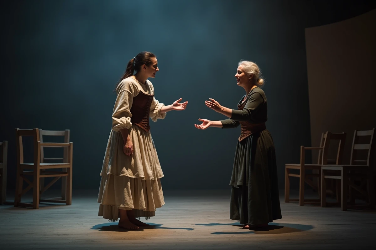 Deux actrices de théâtre français en pleine scène dramatique sur scène lors d'une représentation en costumes d'époque