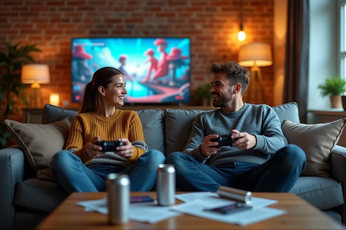 Deux joueurs adultes discutant de stratégie de jeu Dofus sur un canapé avec guides imprimés et écran partagé