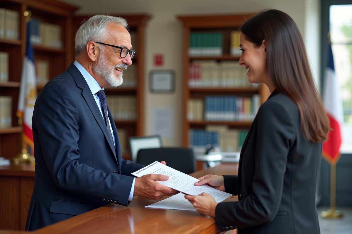 Employé municipal remettant un document à une femme souriante