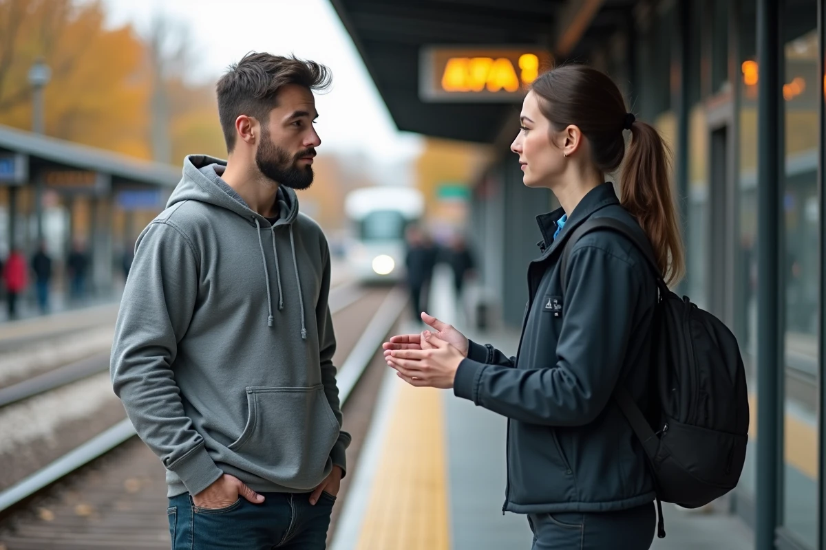 Jeune homme parlant avec agent de transport urbain