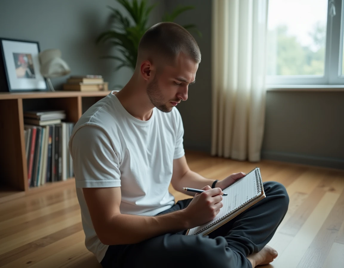Jeune rappeur assis au sol dans un appartement minimaliste, concentré sur l'écriture de ses textes et punchlines dans un carnet