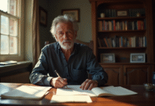 Homme pensif à son bureau avec scripts et livres