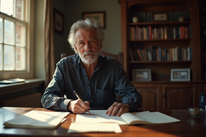 Homme pensif à son bureau avec scripts et livres