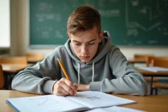 Élève de collège dessinant à la main une pyramide à base carrée sur du papier quadrillé pour réviser le brevet de mathématiques 2026