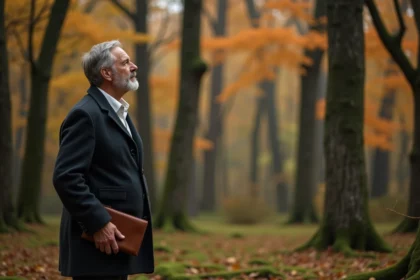 Homme pensif au bord d'une forêt automnale en Nouvelle-Angleterre, évoquant la philosophie transcendantaliste d'Emerson et le lien spirituel à la nature
